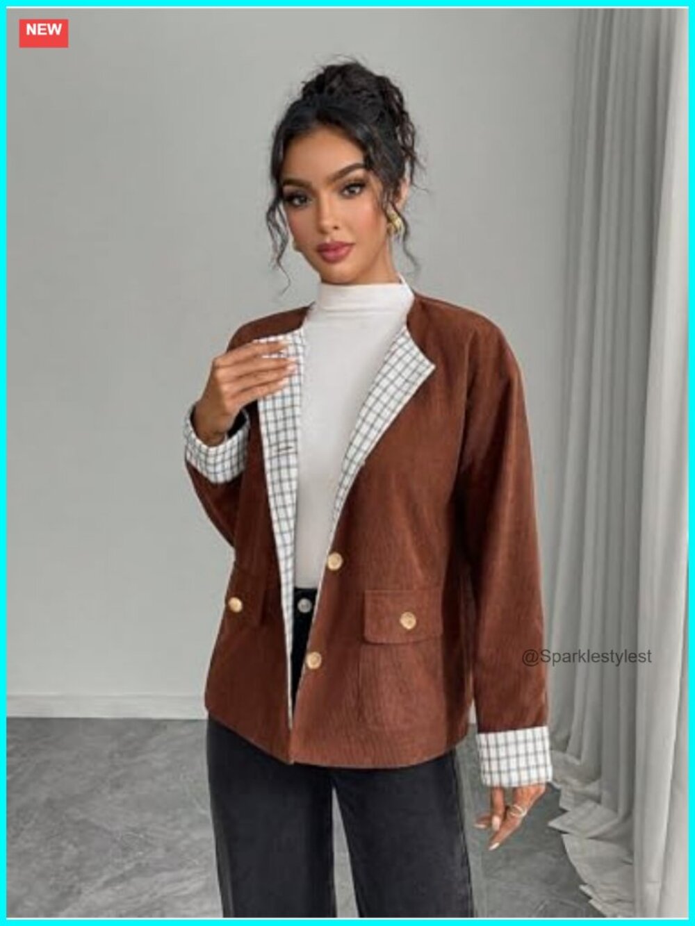Women's Corduroy Plaid Patchwork Single-Breasted Jacket Casual Retro